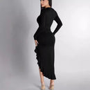 Women's Round Neck Long Sleeve Slim Solid Color Frill Split Ruffled Maxi Dress