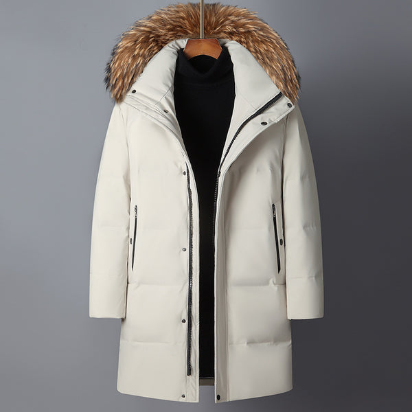 Men's Fur Collar Mid-length Light Thickened Warm Cold-resistant Hooded Down Jacket