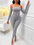 Women's Long Sleeve Off-shoulder Slim Fit Top + Long Pant Set