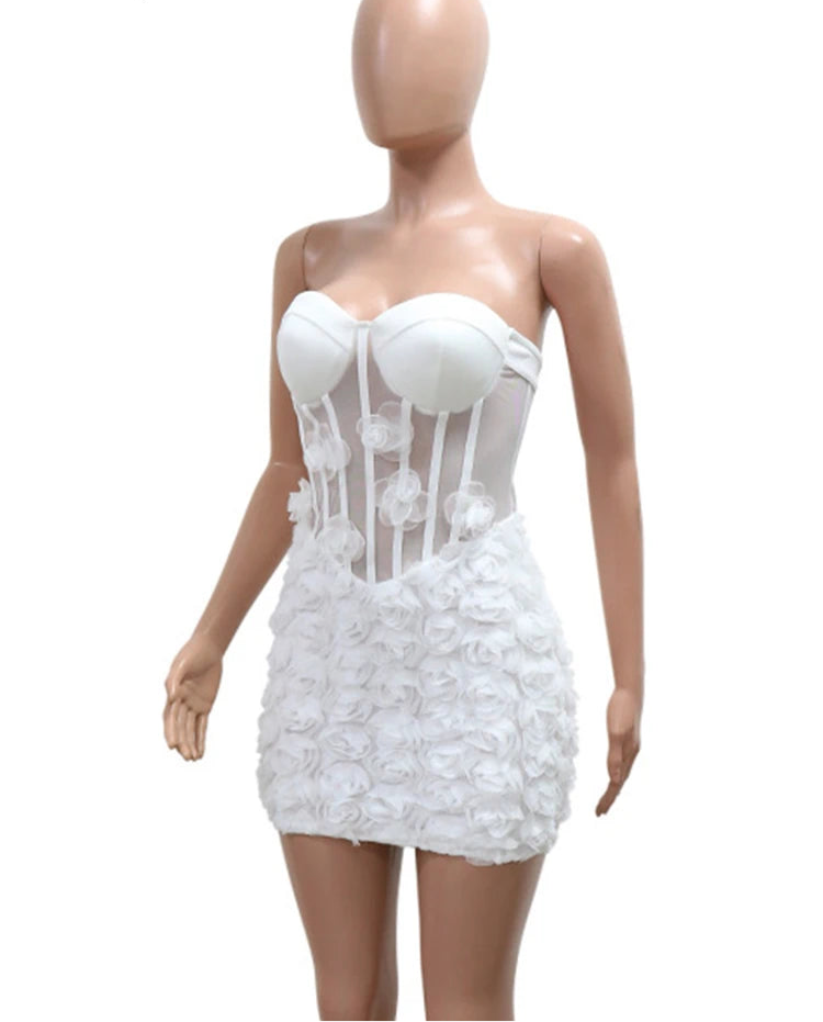 Women’s Off Shoulder Flower See Through Strapless White Mini Dress