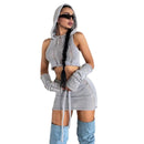 Women's Solid Color Knitted Hooded Top + High Waist Hip-wrapped Skirt Set