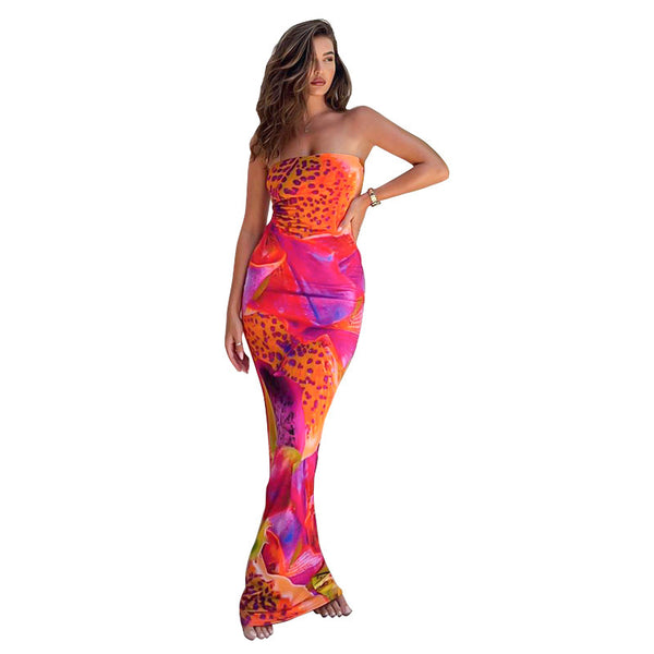 Women's Printed Sleeveless Tight High Waist Long Dress