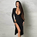 Women's Elegant Slim Fit High Slit Deep V Long Sleeve Dress