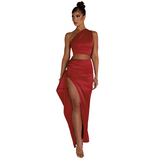 One shoulder Satin Skirt Top High Waist Split Maxi Dress