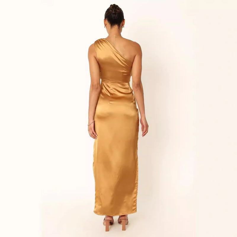 Women's Oblique Shoulder Satin Solid Color Dress