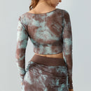 Women's Printed Mesh Long Sleeve Top + Skirt