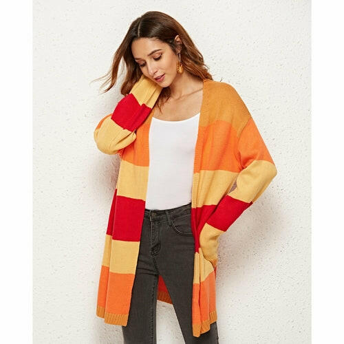 Patchwork Striped Knitted Sweater Cardigan Coat