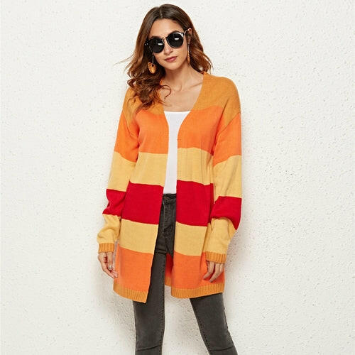 Patchwork Striped Knitted Sweater Cardigan Coat