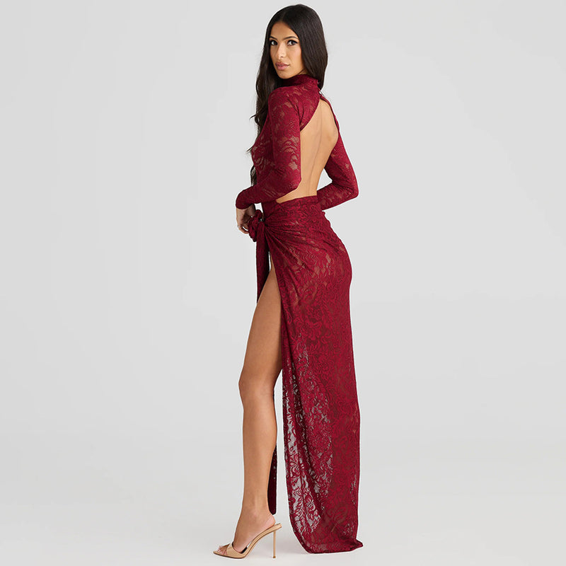 Women's Slim-fit See-through Turtleneck Bare Back Maxi Dress