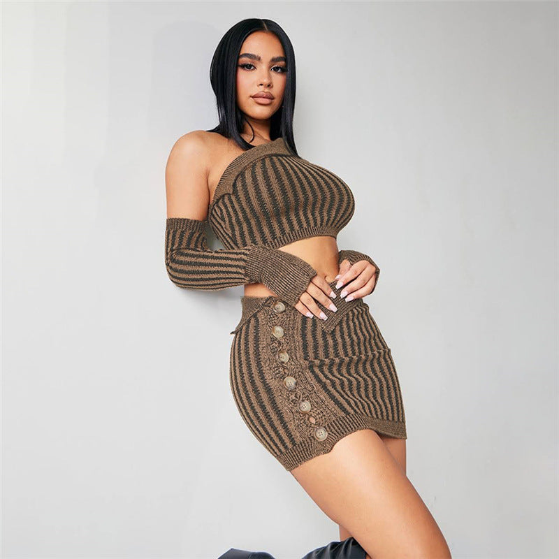 Women's Diagonal Collar Bare Midriff High Waist Sheath Slim Fit Skirt + Arm Sleeve + Top Sets