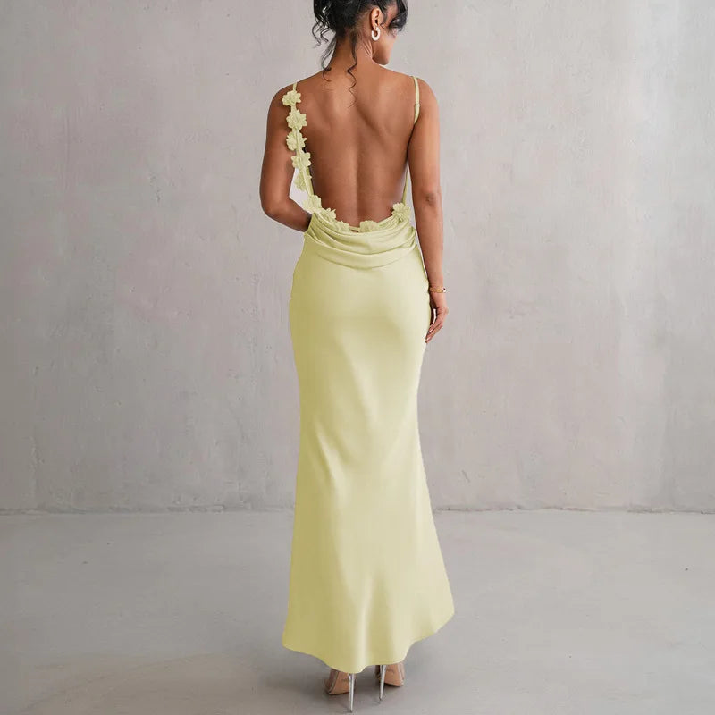 Women's Strap Sleeveless Backless Flower Draped Maxi Dress