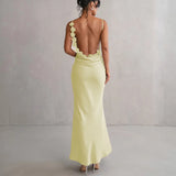 Women's Strap Sleeveless Backless Flower Draped Maxi Dress