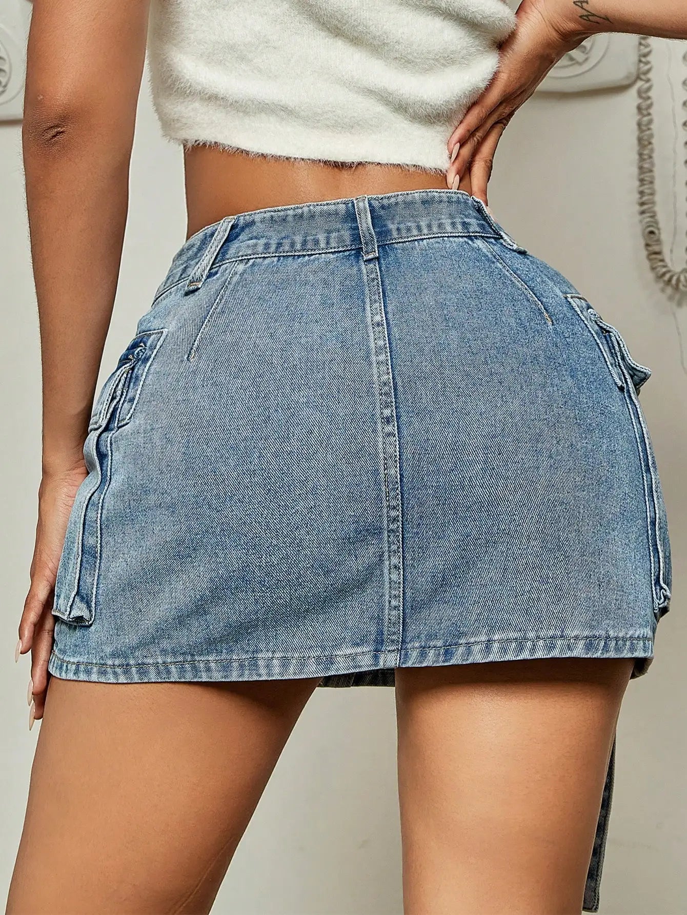 2023 Trendy Street Tooling Style Flap Pocket Ribbon Details Slim Workwear Denim Mini Skirt High Street Clothing