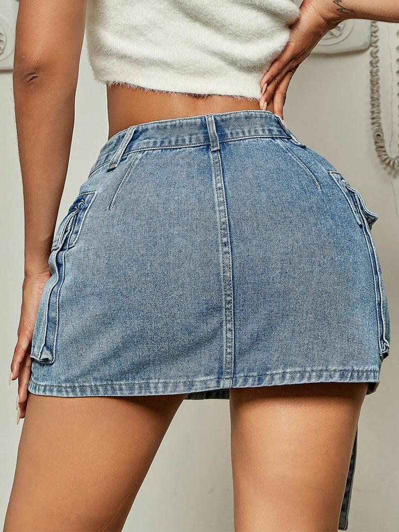 Trendy Street Tooling Style Workwear Denim Mini Skirt