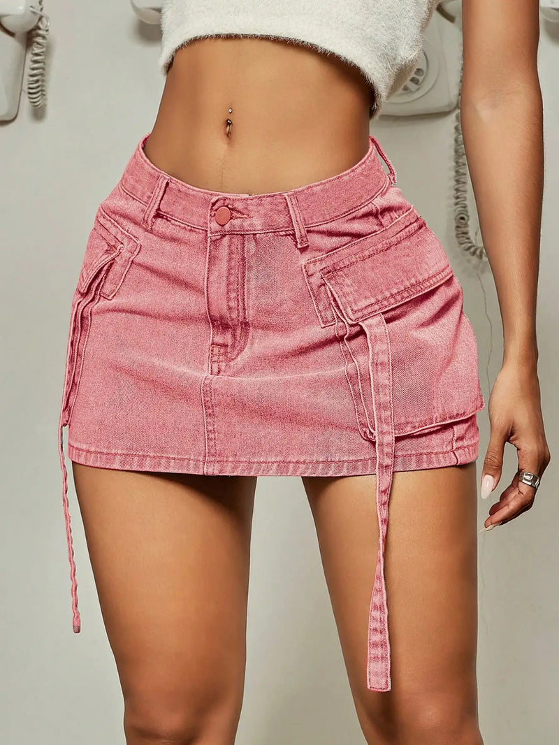 Trendy Street Tooling Style Workwear Denim Mini Skirt