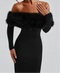 Women's Fur Shoulder And Bottom Solid Slim Maxi Dress