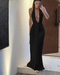 Women's Halter Shirring  Solid Low Neck Backless Maxi Dress