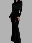 Women Solid Black Backless Bodycon Wide Leg Jumpsuit