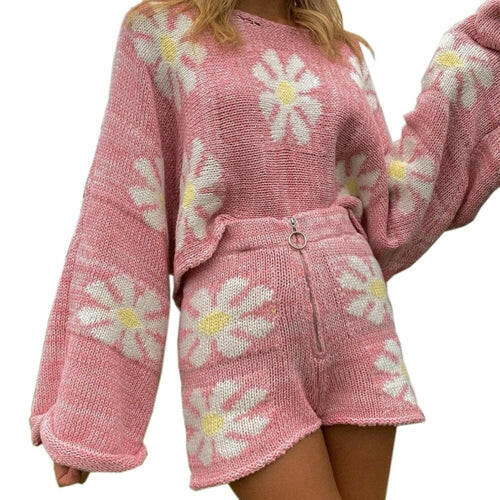 Women Flower Woolen Two Piece Set