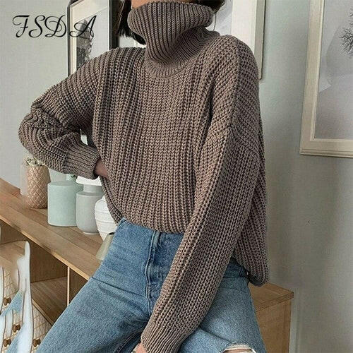 Khaki Women Sweater Turtleneck Long Sleeve Knitted Pullover