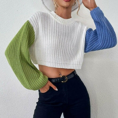 Contrast Navel Loose Pullover Sweater