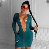 Women Lace Up Deep V Neck Ribbed Long Sleeve Bodycon Dresses