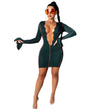 Women Lace Up Deep V Neck Ribbed Long Sleeve Bodycon Green Dress