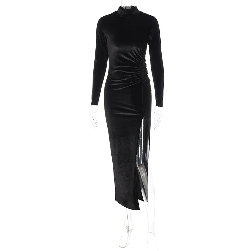 Women's Velvet Bodycon Midi Dress with Ruched Details and Side Slit