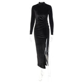 Women's Velvet Bodycon Midi Dress with Ruched Details and Side Slit