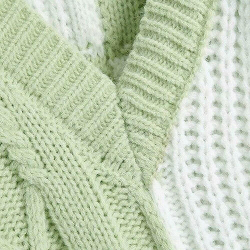 Women Crocheted V Neck Green White Patchwork Sweaters