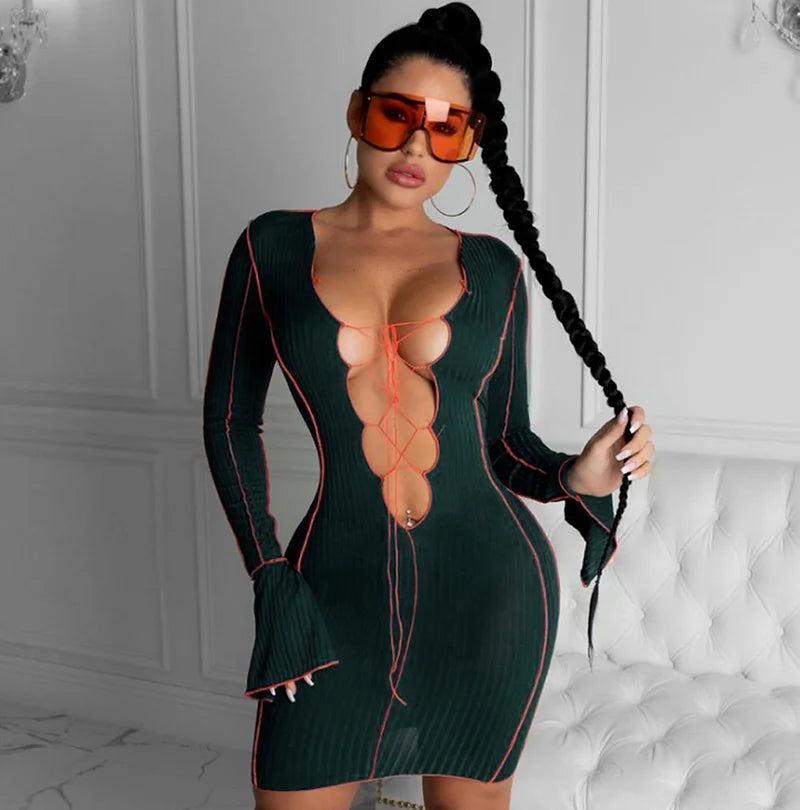 Women Lace Up Deep V Neck Ribbed Long Sleeve Bodycon Green Dress