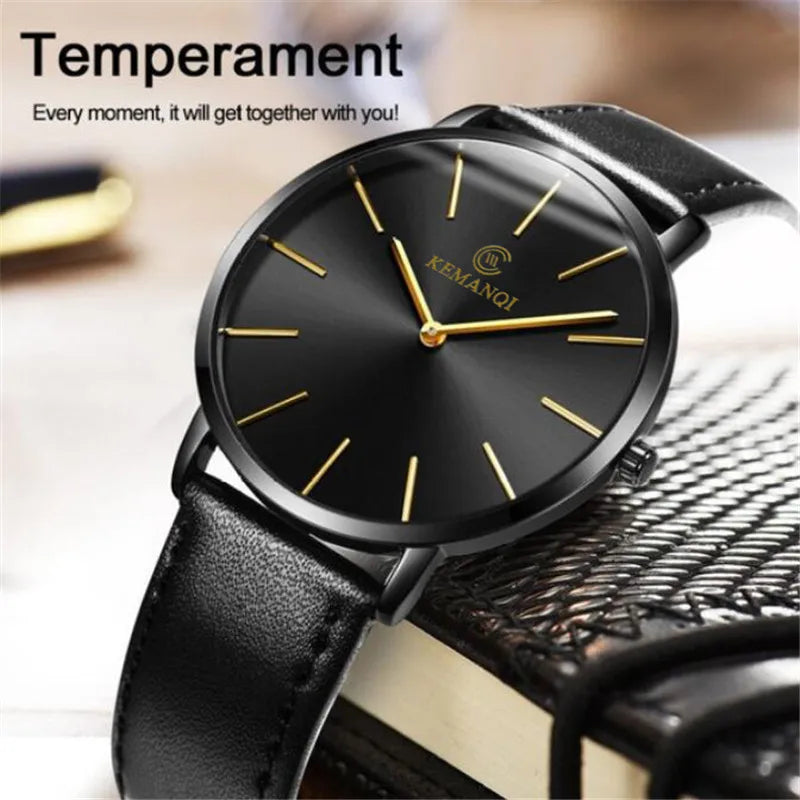 Men Ultra Thin Gold Leather Watch