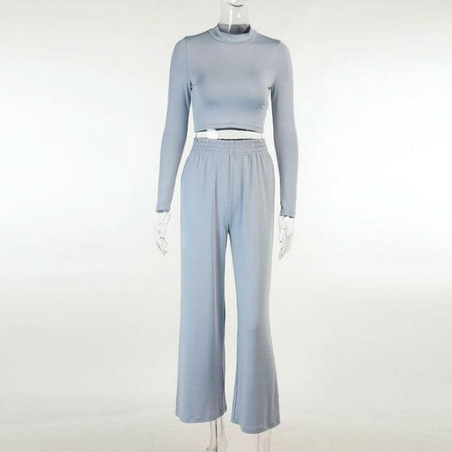 Loung Wear Long Sleeve Crop Top And Loose Pant Set