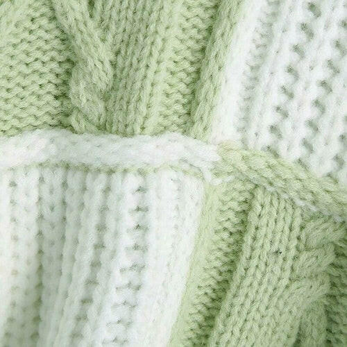 Women Crocheted V Neck Green White Patchwork Sweaters