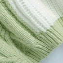 Women Crocheted V Neck Green White Patchwork Sweaters