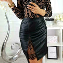 Leather Solid Pencil Empire Mini Skirts.