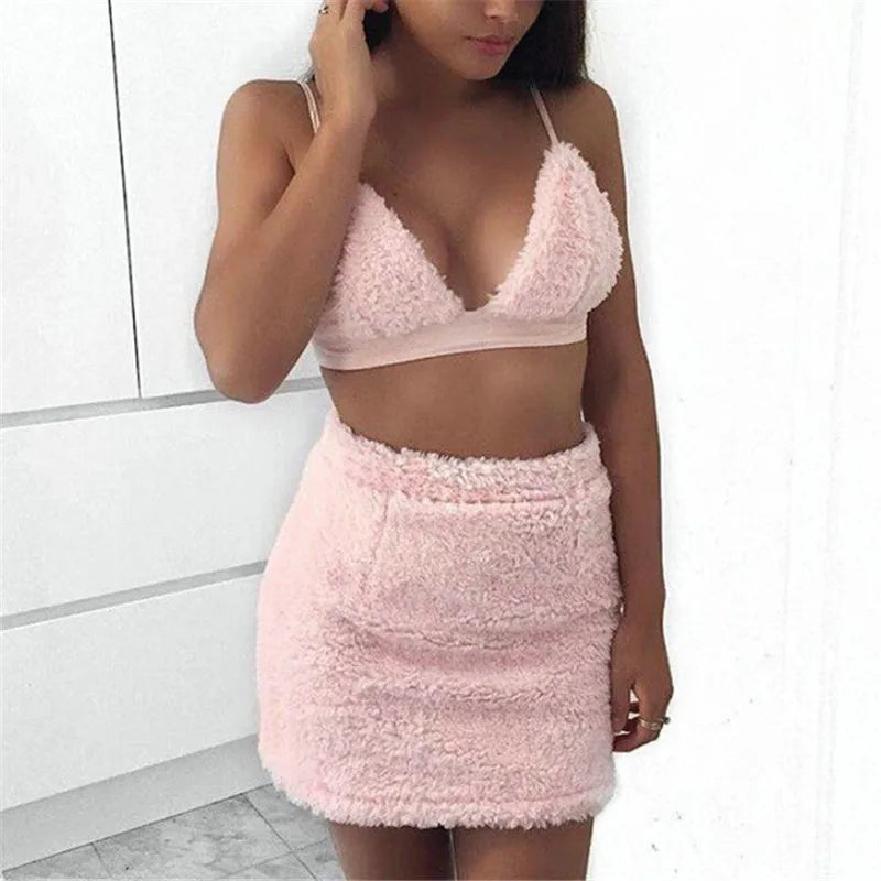 Women's Pink Sleeveless Bandage Plush Bra Crop Tops+ Mini Skirt