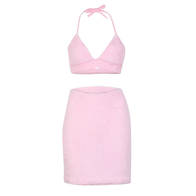 Women's Pink Sleeveless Bandage Plush Bra Crop Tops+ Mini Skirt