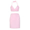 Women's Pink Sleeveless Bandage Plush Bra Crop Tops+ Mini Skirt