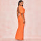 Women's Orange Bandage Drape Asymmetric Sleeve Deep V Neck Stretchy Bodycon Maxi Dress