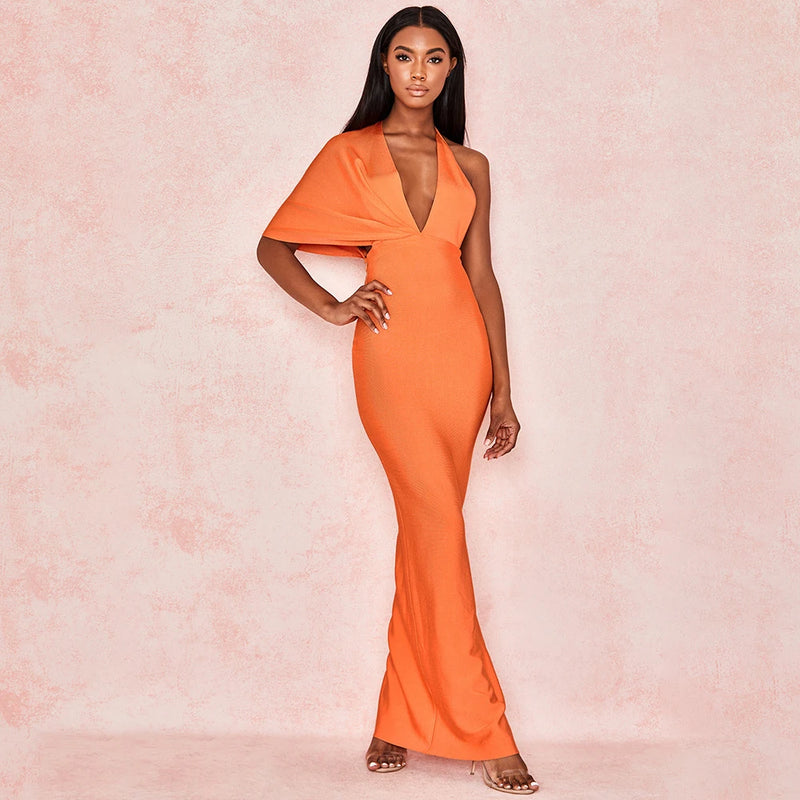 Women's Orange Bandage Drape Asymmetric Sleeve Deep V Neck Stretchy Bodycon Maxi Dress