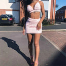 Women's Pink Sleeveless Bandage Plush Bra Crop Tops+ Mini Skirt