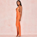 Women's Orange Bandage Drape Asymmetric Sleeve Deep V Neck Stretchy Bodycon Maxi Dress