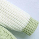 Women Crocheted V Neck Green White Patchwork Sweaters