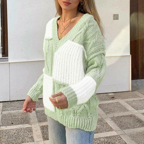 Women Crocheted V Neck Green White Patchwork Sweaters
