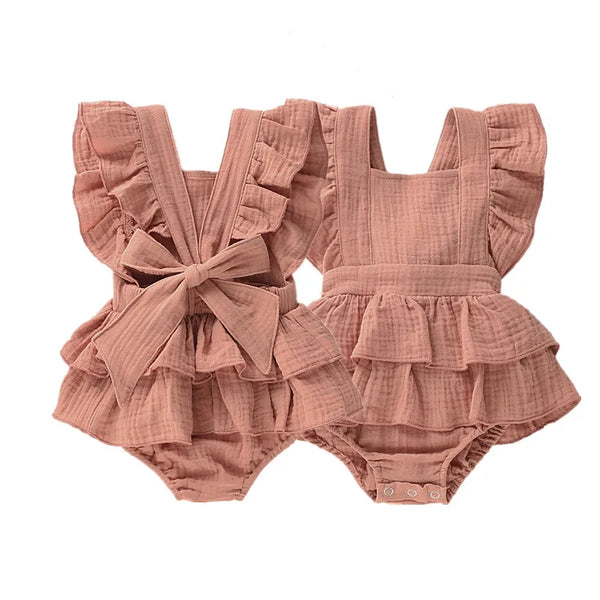 Girls Ruffle Cotton Backless Lace Up Bow One Piece