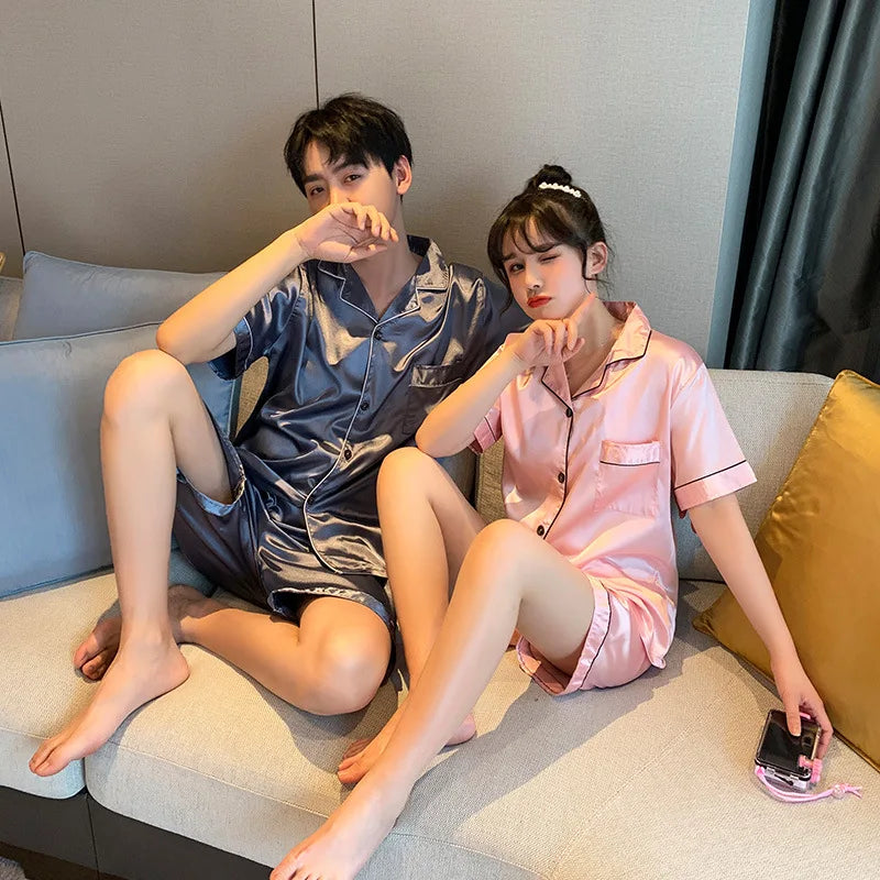 Luxury Pajama Suit Satin Silk Pyjamas Sets Couple Sleepwear Casual Family Pijama Lover Night Suit Men & Women Plus Size Pj Set