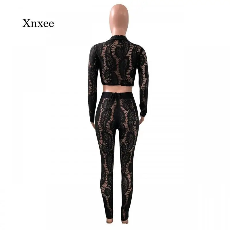 Women's Long-Sleeved Lace Print Matching Suit