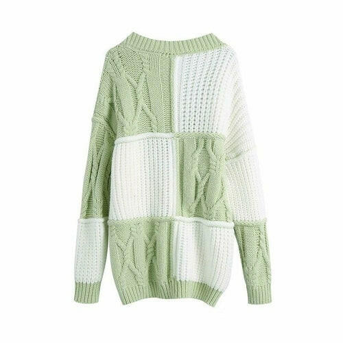 Women Crocheted V Neck Green White Patchwork Sweaters