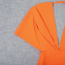 Women's Orange Bandage Drape Asymmetric Sleeve Deep V Neck Stretchy Bodycon Maxi Dress